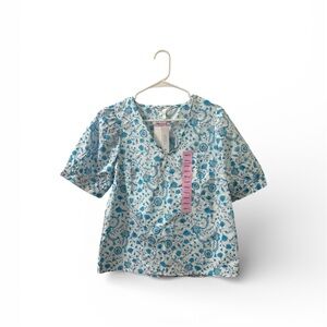 Draper James Blue and White Floral V-Neck Top
